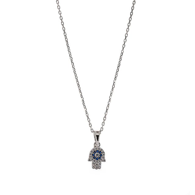 Minimalist Diamond Hamsa Hand Sterling Silver Lucky Necklace For Sale In Miami - Image 6 of 7