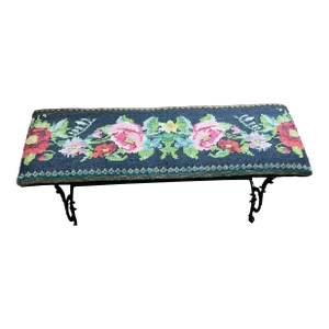 Antique Hand Wrought Iron Kilim Upholstered Flowered Bench