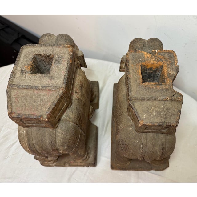 Pair of Antique 1700's Hand Carved Wood India Temple Salvage Elephant Sculptures For Sale - Image 12 of 18