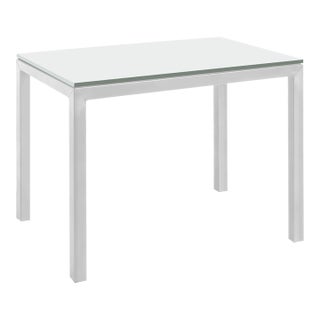 Room & Board Parsons End Table, White Glass Top With Brushed Stainless Steel Legs For Sale
