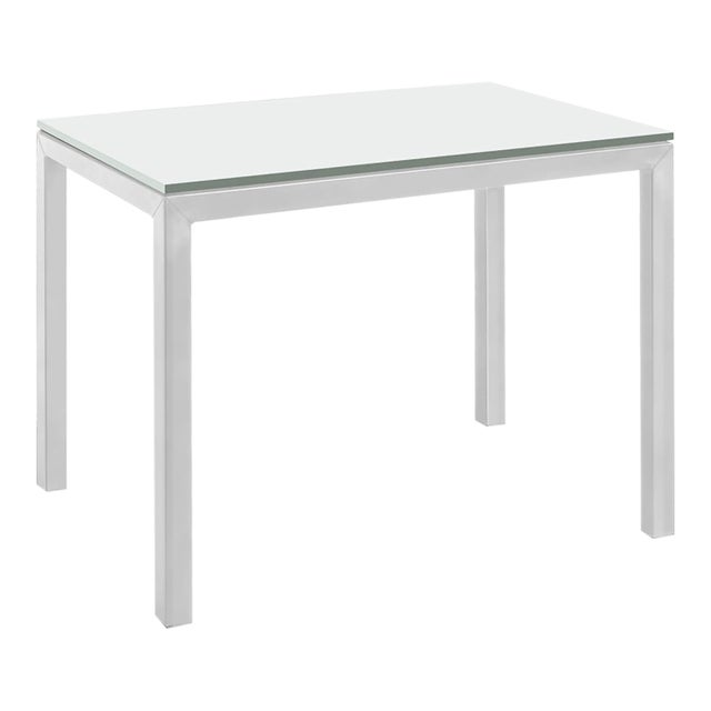 Room & Board Parsons End Table, White Glass Top With Brushed Stainless Steel Legs For Sale