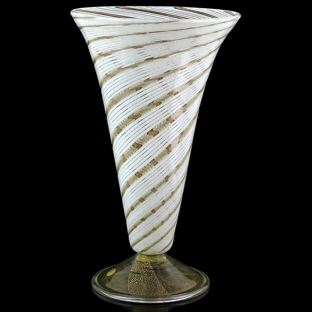 Beautiful vintage Murano hand blown swirling white and aventurine flecks Italian art glass footed flower vase. Atrtibuted...