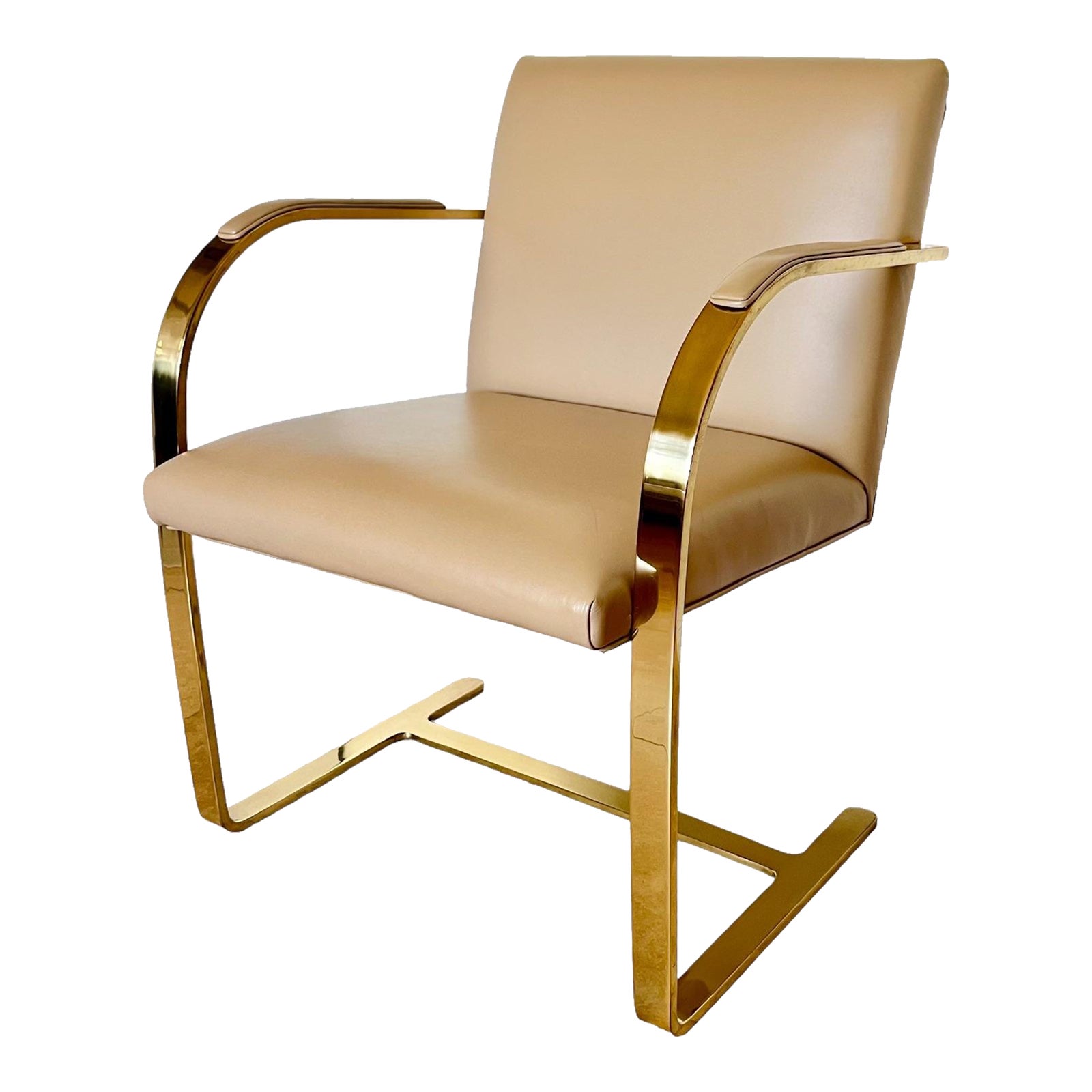 Mies Van Der Rohe Brno Gold Brass Flat Bar Leather Chair Chairish