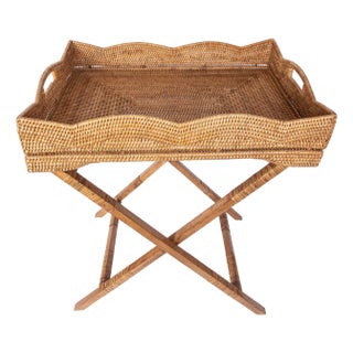 Artifacts Rattan Scallop Design Butler Tray with Wooden Legs, Honey Brown For Sale