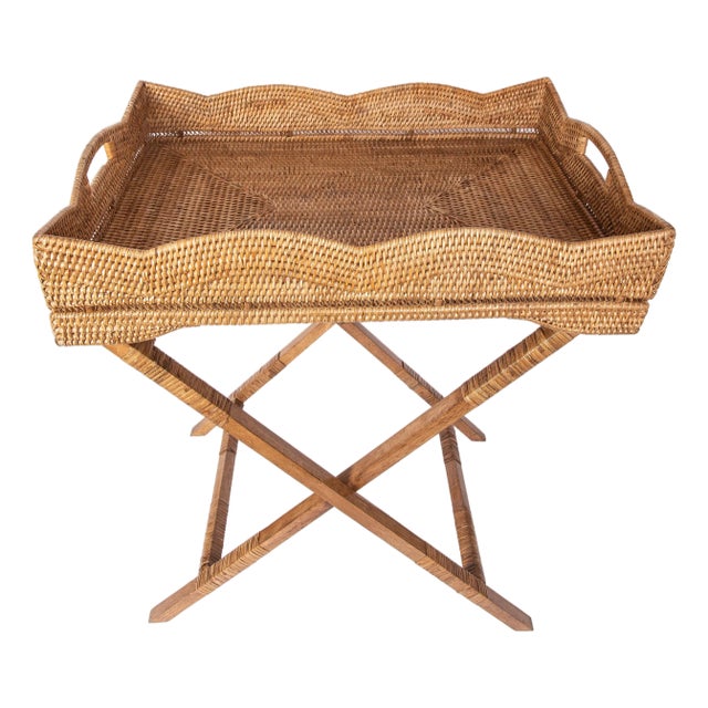 Artifacts Rattan Scallop Design Butler Tray with Wooden Legs, Honey Brown For Sale