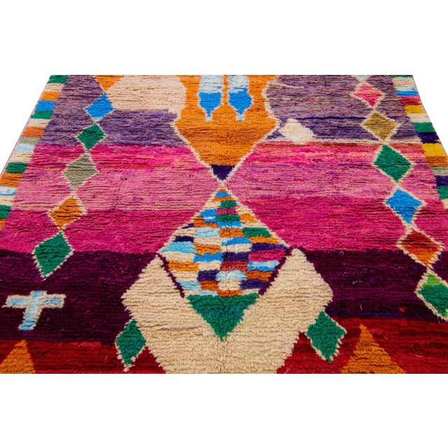 Textile Vintage Boujad Moroccan Handmade Geometric Multicolor Berber Wool Rug For Sale - Image 7 of 12