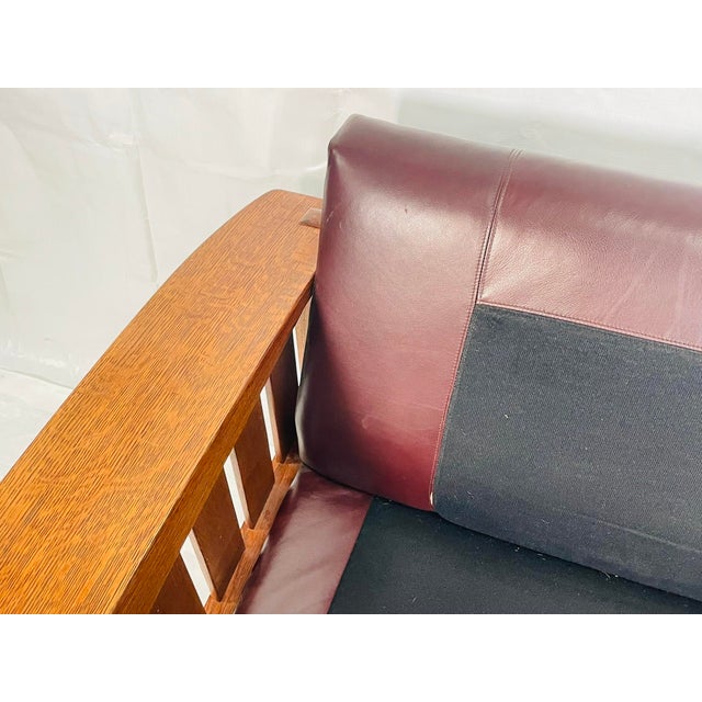 1980s Stickley Arts & Crafts Solid Oak Sofa With Burgundy Leather Upholstery For Sale - Image 15 of 16