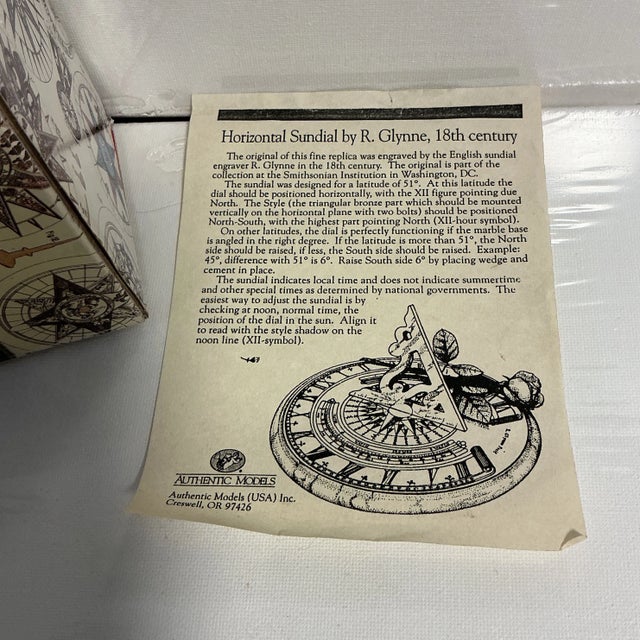 1990s Authentic Models Brass Marble Base Sundial R. Glynne Fecit 18th Century Compass For Sale - Image 5 of 9