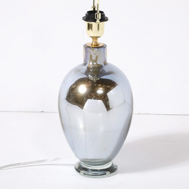 Metal Modernist Hand-Blown Mercury Blue Murano Glass Table Lamps With 24k Gold Flecks For Sale - Image 7 of 16
