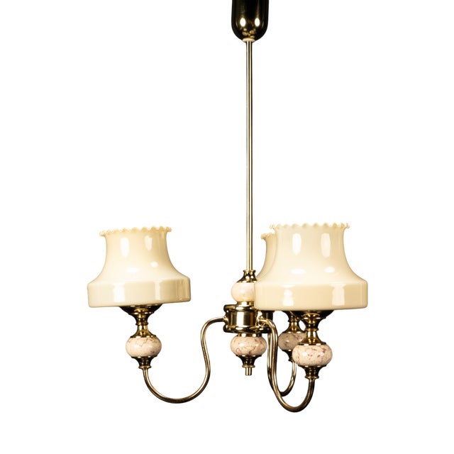 Threeflame Golden Ceiling Light with Glass Shades and Marble from VEB NARVA, 1970s For Sale