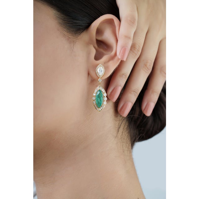 14k Yellow Gold 6.9ct Emerald & 3.24ct Diamond Art Deco Earrings- 2 Pieces For Sale - Image 9 of 14