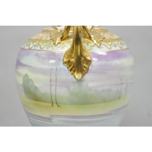 Antique Nippon Hand Painted Cottage Lake Porcelain Twin Handle Bolted Urn Vase For Sale - Image 14 of 17