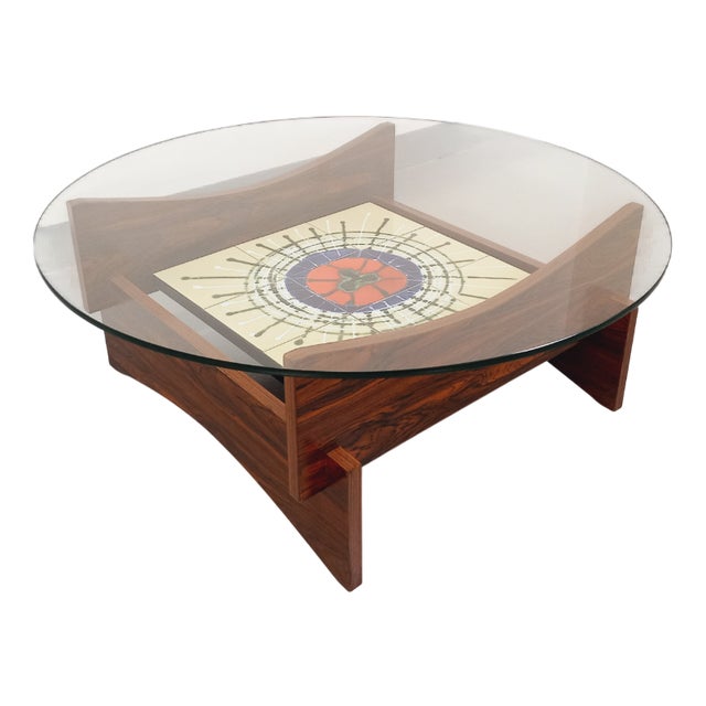 Vintage Round Coffee Table in Rosewood and Ceramic from Vallauris, 1970s For Sale