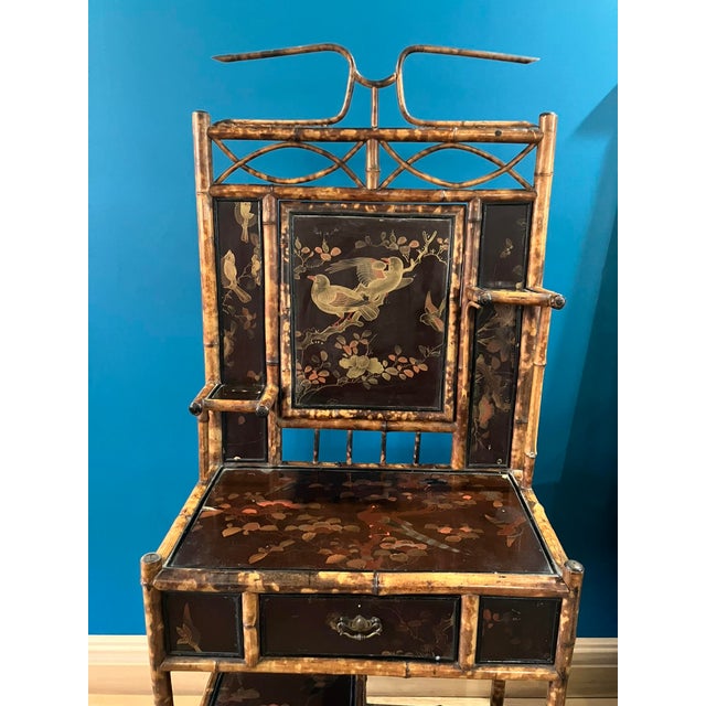 1920s Victorian Tortoiseshell Bamboo & Japanned Lacquer Bonheur Du Jour Writing Desk For Sale - Image 12 of 16