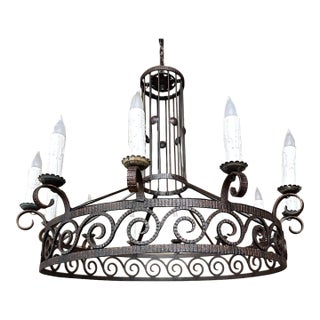 Large Art Deco Style Wrought Iron 12-Light Chandelier For Sale