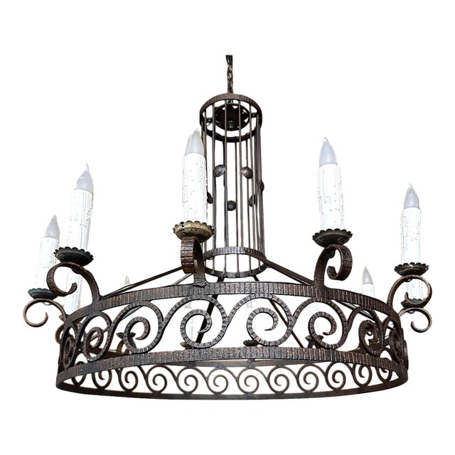 Large Art Deco Style Wrought Iron 12-Light Chandelier For Sale