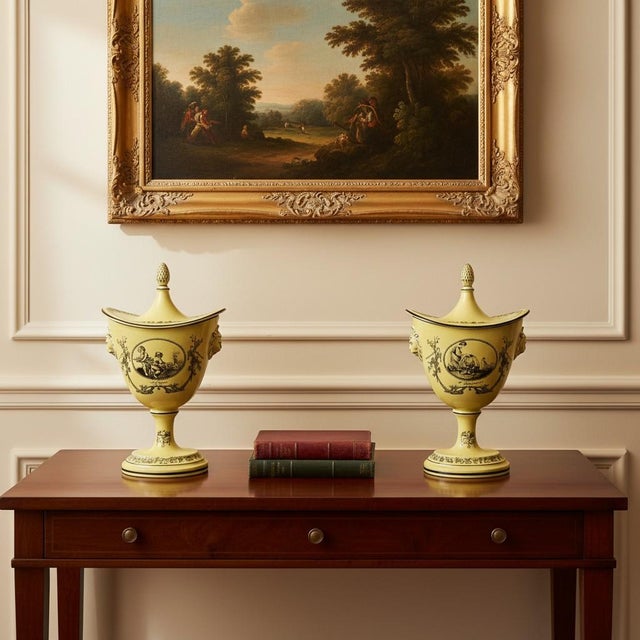 French Vintage Mottahedeh Creil Style Chestnut Urns Pair-Yellow Black-Italy-Neoclassic For Sale - Image 3 of 11