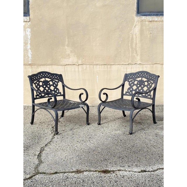 Cast Aluminum Mediterranean Tuscan Scrolling Garden Patio Club Chairs - A Pair For Sale - Image 12 of 12