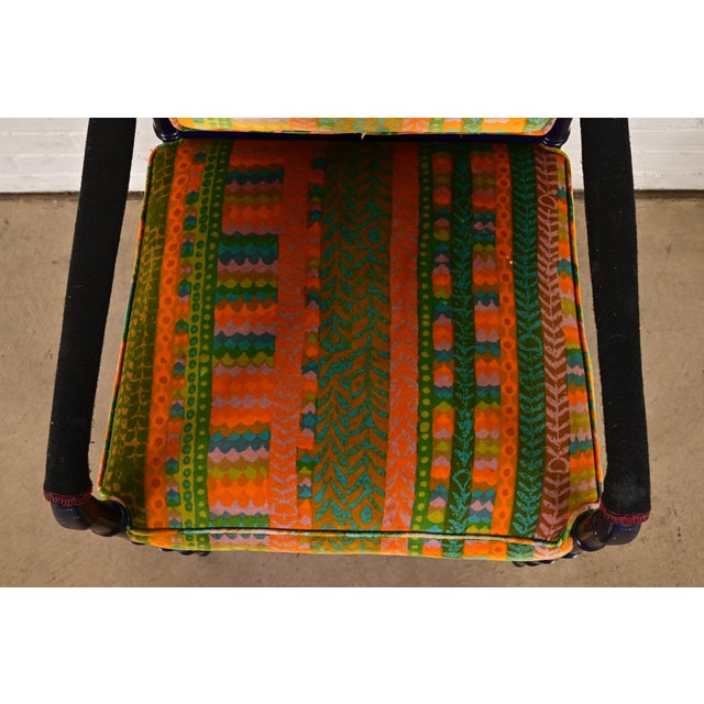 Wood Mid-Century Hollywood Regency Ebonized Faux Bamboo Armchairs With Jack Lenor Larsen Upholstery, Pair For Sale - Image 7 of 11