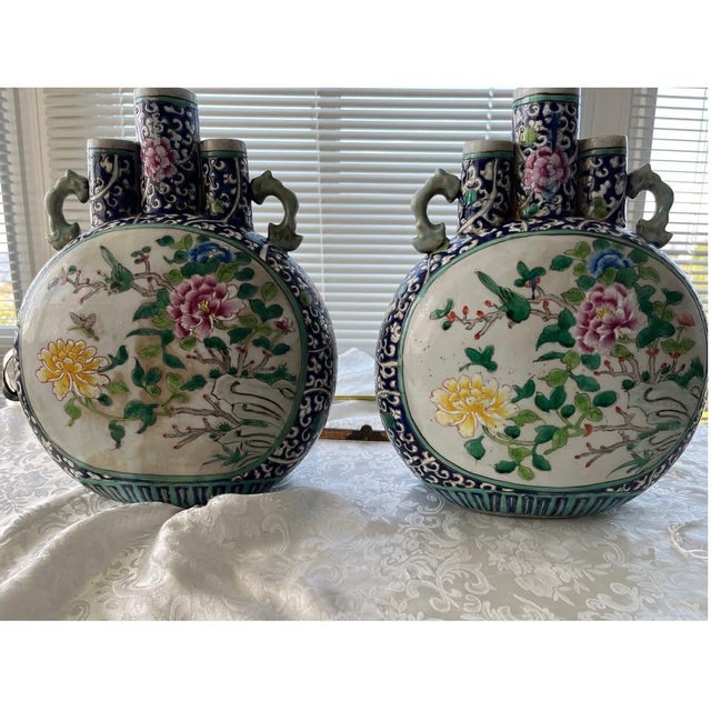 Ceramic 1920s Pair 15" Chinese Famille Rose Triple Spout Moon Flasks - Bird & Peony Vases For Sale - Image 7 of 9