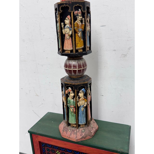 Early 20th Century Antique Rajasthani Wood Carved + Hand Painted Charpai/Bed Post For Sale - Image 5 of 12