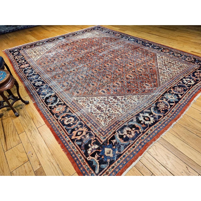 19th Century Antique Persian Mahal Sultanabad Rug, Hand-Knotted Wool, Geometric Pattern, 10x13, Brick Red & Ivory For Sale - Image 5 of 16