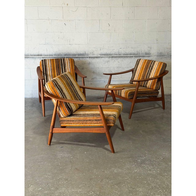 Brown Solid Teak Lounge Armchairs in Style of Folke Ohlsson Set of 3 Striped Upholstery Danish Mid-Century Modern 1960s For Sale - Image 8 of 12