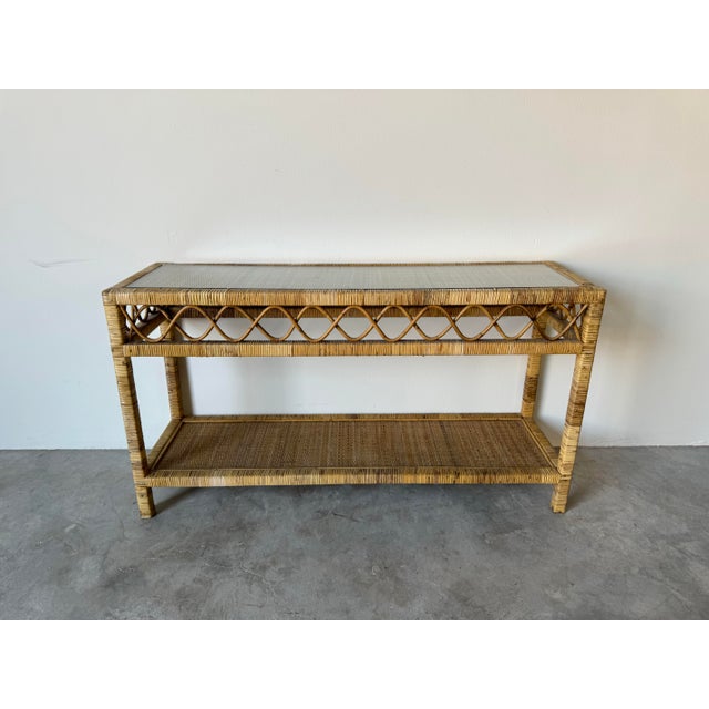 Vintage Boho Chic Coastal Woven Rattan Two - Tier Console Table/ Sold ...