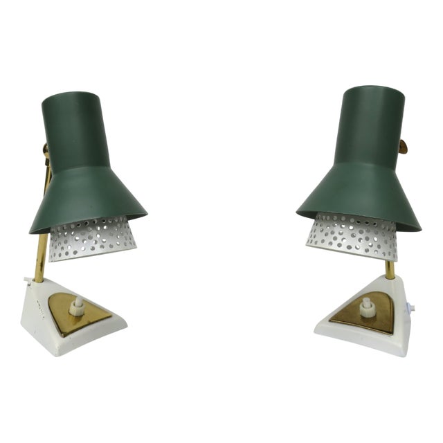 Brass, Green and White Bedside Lamps in the style of Matégot, 1950s, Set of 2 For Sale