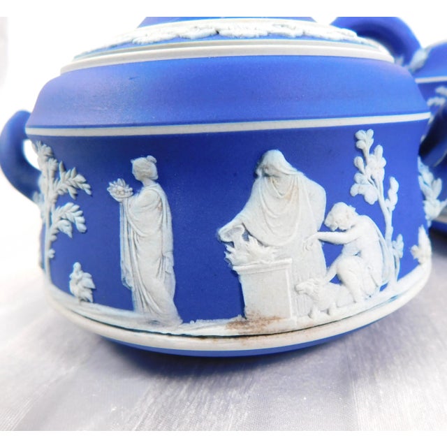 Ceramic 1960s Portland Blue Wedgwood Jasperware Teapot Sugar Bowl and Creamer For Sale - Image 7 of 13