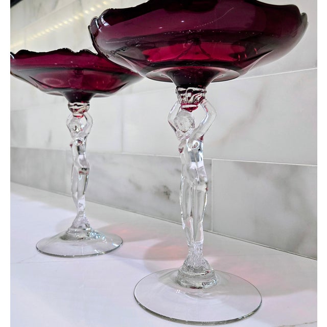 1930s Cambridge Glass Carmen Red Nude Figural Stem Compotes, Pair For Sale In Dallas - Image 6 of 11