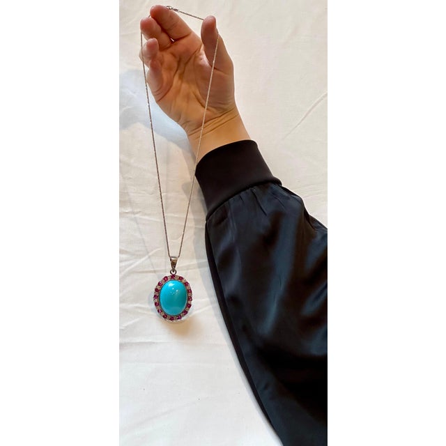 GIA Certified 105 Ct Natural Oval Turquoise, Ruby & Diamond Pendant, Sleeping B For Sale - Image 12 of 18