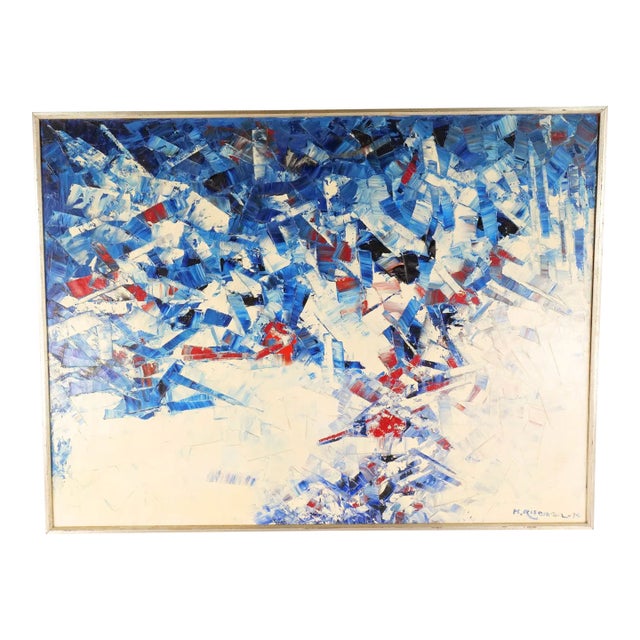 Vintage Midcentury Modern Abstract Expressionist Oil on Canvas Painting in Blue, Marion Riseman, 1974 For Sale