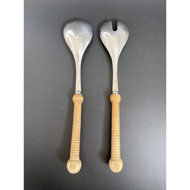 Mid-Century Modern Mid Century Modern German Stainless With Wood Handle Salad Serving Set - Fork & Spoon For Sale - Image 3 of 10