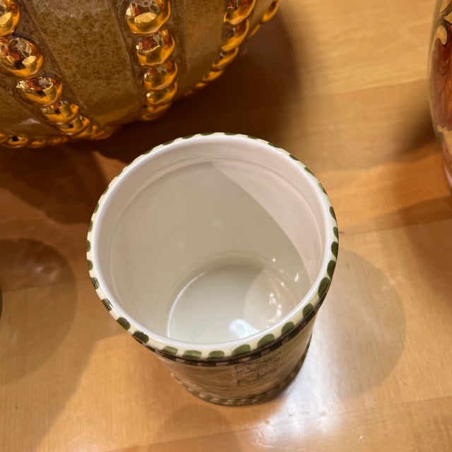 Traditional Italian Hand Painted Ceramic Canister With Lid in Ivory, Green, and Yellow For Sale - Image 3 of 11