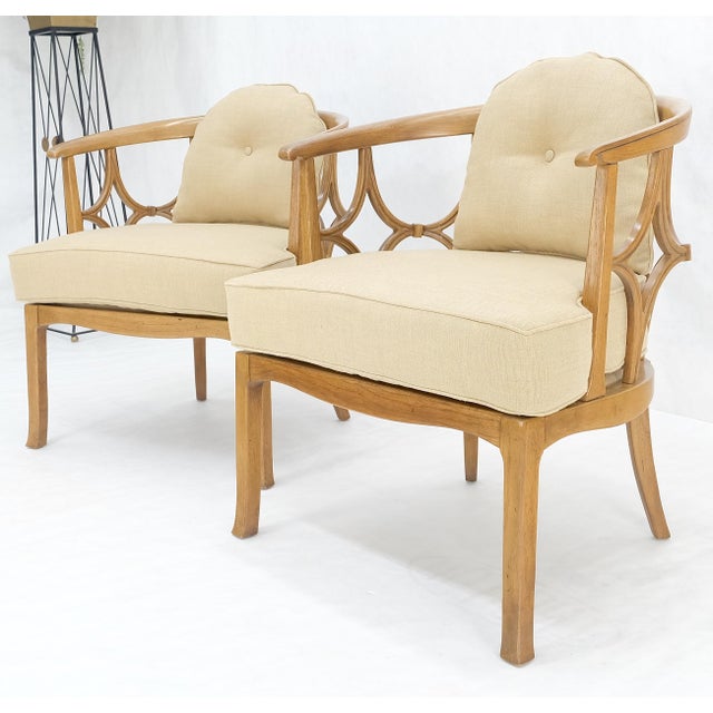Pair of New Gold Linen Upholstery Barrel Back Wrap Around Lounge Arm Chairs MINT For Sale - Image 13 of 14