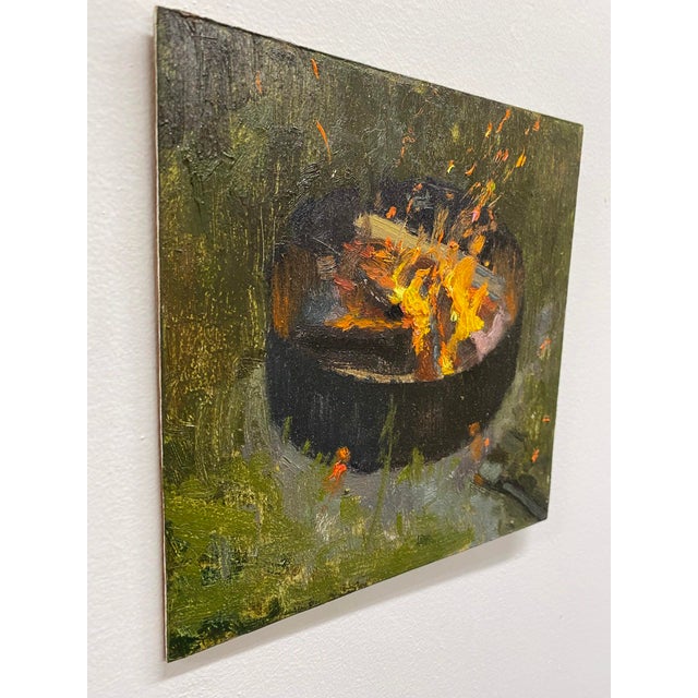 Campfire by Brad Davis | Oil on Panel Painting of a fire in a circular pit For Sale