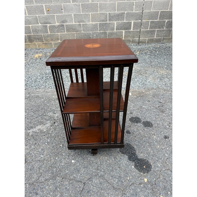 Pair of Edwardian Style Revolving Mahogany Inlaid Bookcase Side Tables For Sale - Image 15 of 16