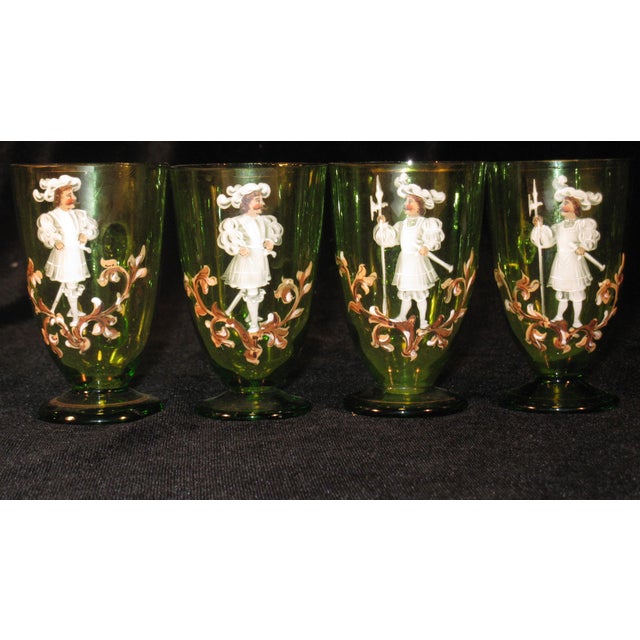 Glass Tea Glass Cups Karl Moser Style Hand Panted Enamel Renaissance Guardsmen Green - Set of 4 For Sale - Image 7 of 17