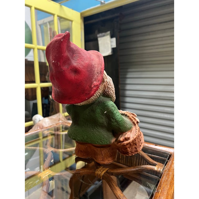 Folk Art Late 20th Century Gnome Gathering Flowers Looking Up Garden Weathered Elf Fairy For Sale - Image 3 of 4