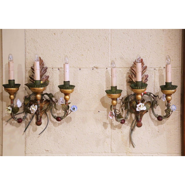 Mid 20th Century Pair of Mid-Century Italian Tole and Porcelain Floral Three-Light Wall Sconces For Sale - Image 5 of 10