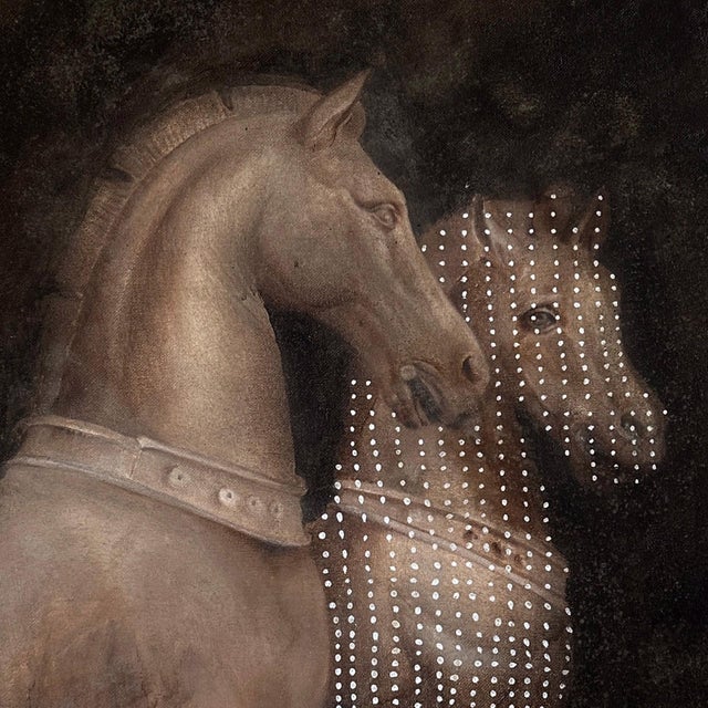 II by Kit King | Oil, mortar, and earth on canvas with metal ring depicting two horse figures. For Sale - Image 4 of 4
