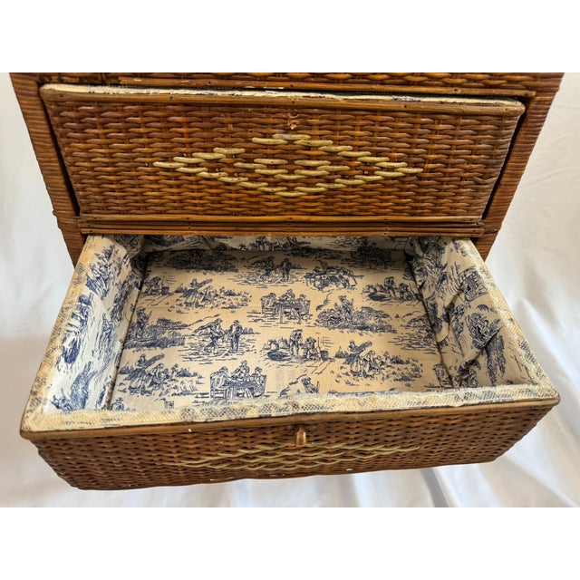 Antique Victorian Wicker Rattan Sewing Stand | Lift-Top Toile Lined, Two Drawers | Edwardian Work Table, 31in For Sale - Image 14 of 18