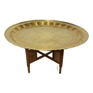 Middle Eastern Hand Engraved Brass Tray With Teak Folding Table Base For Sale