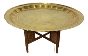 Middle Eastern Hand Engraved Brass Tray With Teak Folding Table Base