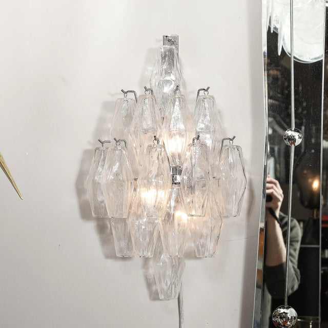Pair of Modernist Hand-Blown Murano Glass Diamond Form Polyhedral Sconces For Sale - Image 4 of 12