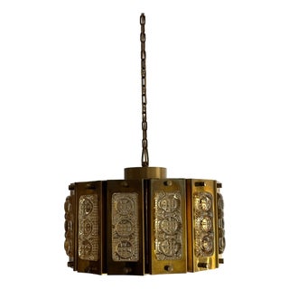 Brass Pendant Lamp with Crystal Elements attributed to Carl Fagerlund for Orrefors, Sweden, 1960s. For Sale