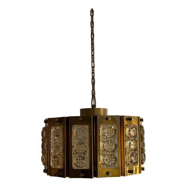Brass Pendant Lamp with Crystal Elements attributed to Carl Fagerlund for Orrefors, Sweden, 1960s. For Sale
