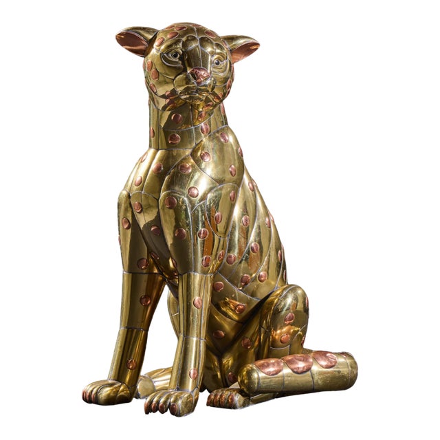 Carlos Del Conde Mid Century Welded Brass Leopard Cat Signed Sculpture For Sale