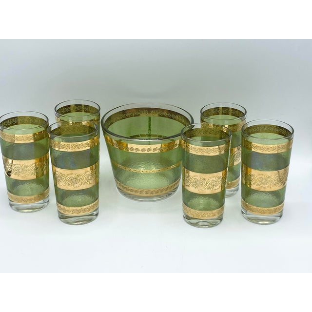 Mid Century Green and 22k Gold Highball With Glass Ice Bucket Cocktail